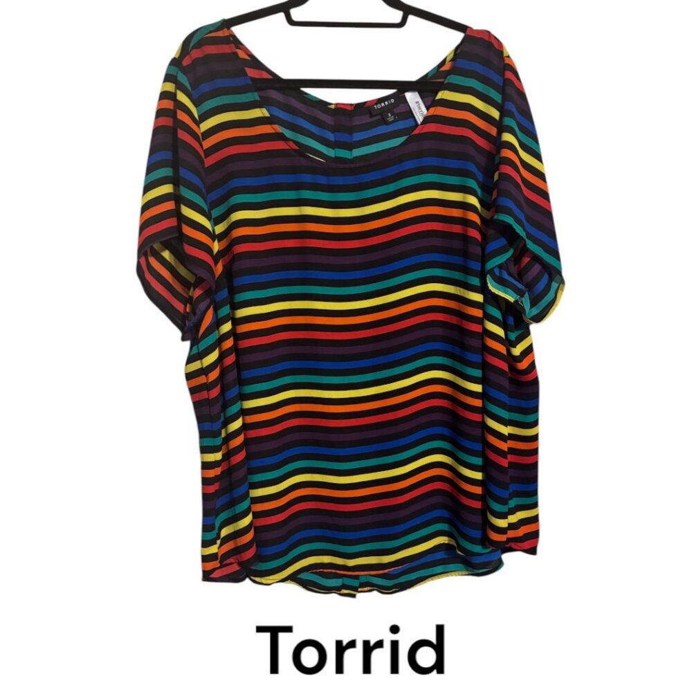 torrid Rainbow Striped Short Sleeve Top - Black Base with Bright Stripes